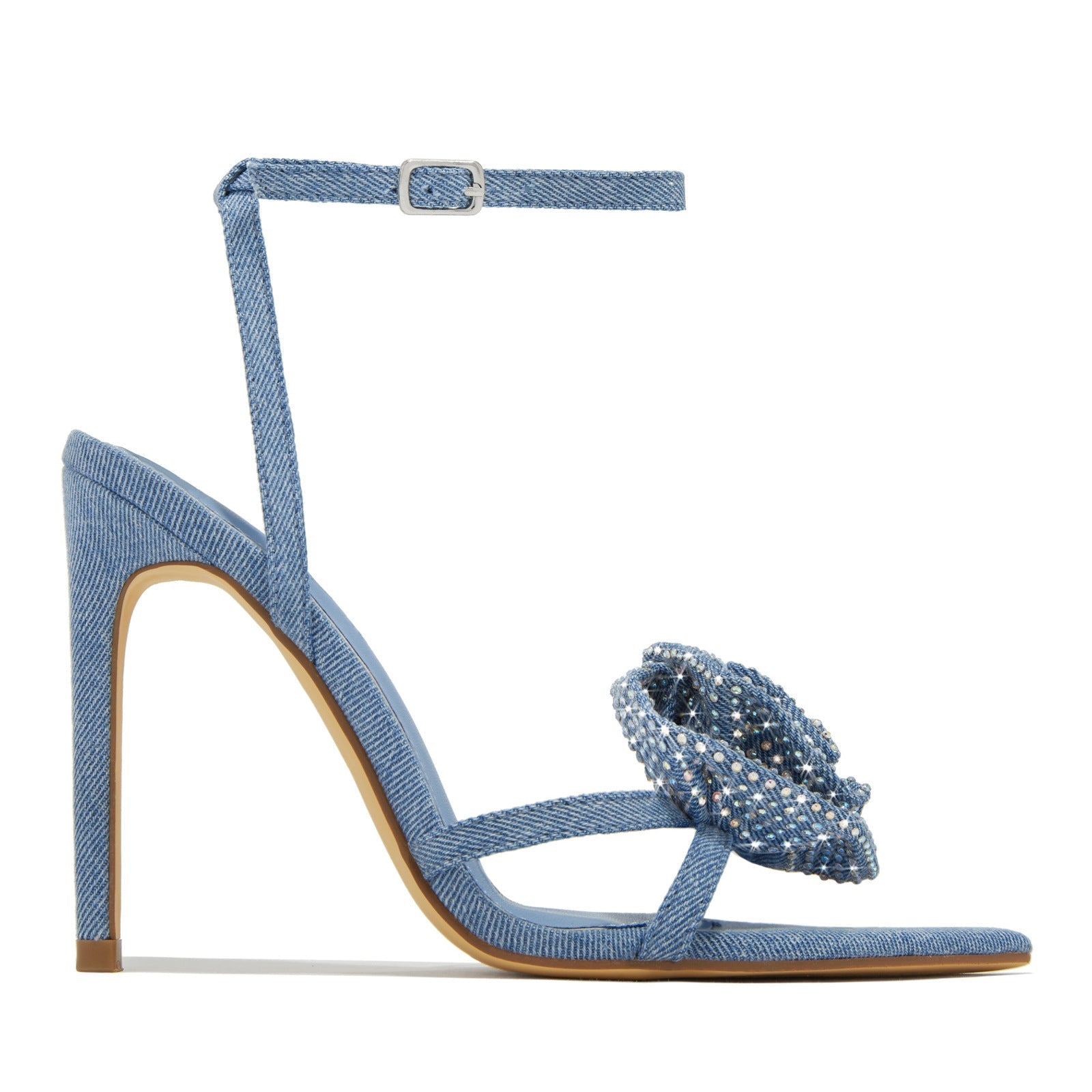 High Heel Sandals Women Heels Black Color 11cm Stiletto Heel Pointed Toe Satin Surface Rhinestone Floral Bella Mia